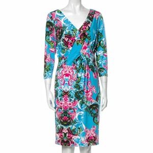 David Meister Bright Blue Faux Wrap 3/4 Sleeve Floral Paisley Print Dress Size 6